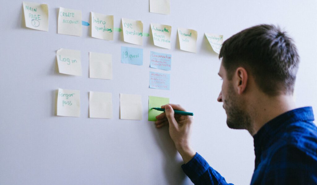 a person writing on a white board
