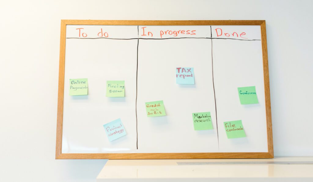 a whiteboard with sticky notes on it